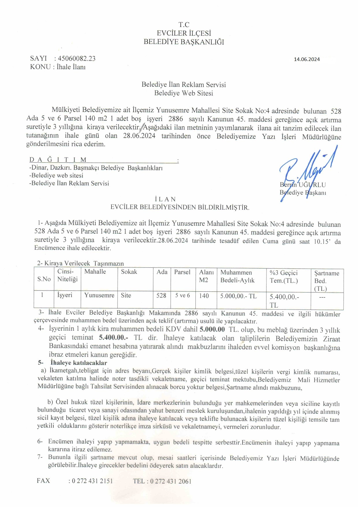 14.06.2024 TARİHLİ İHALE İLANI